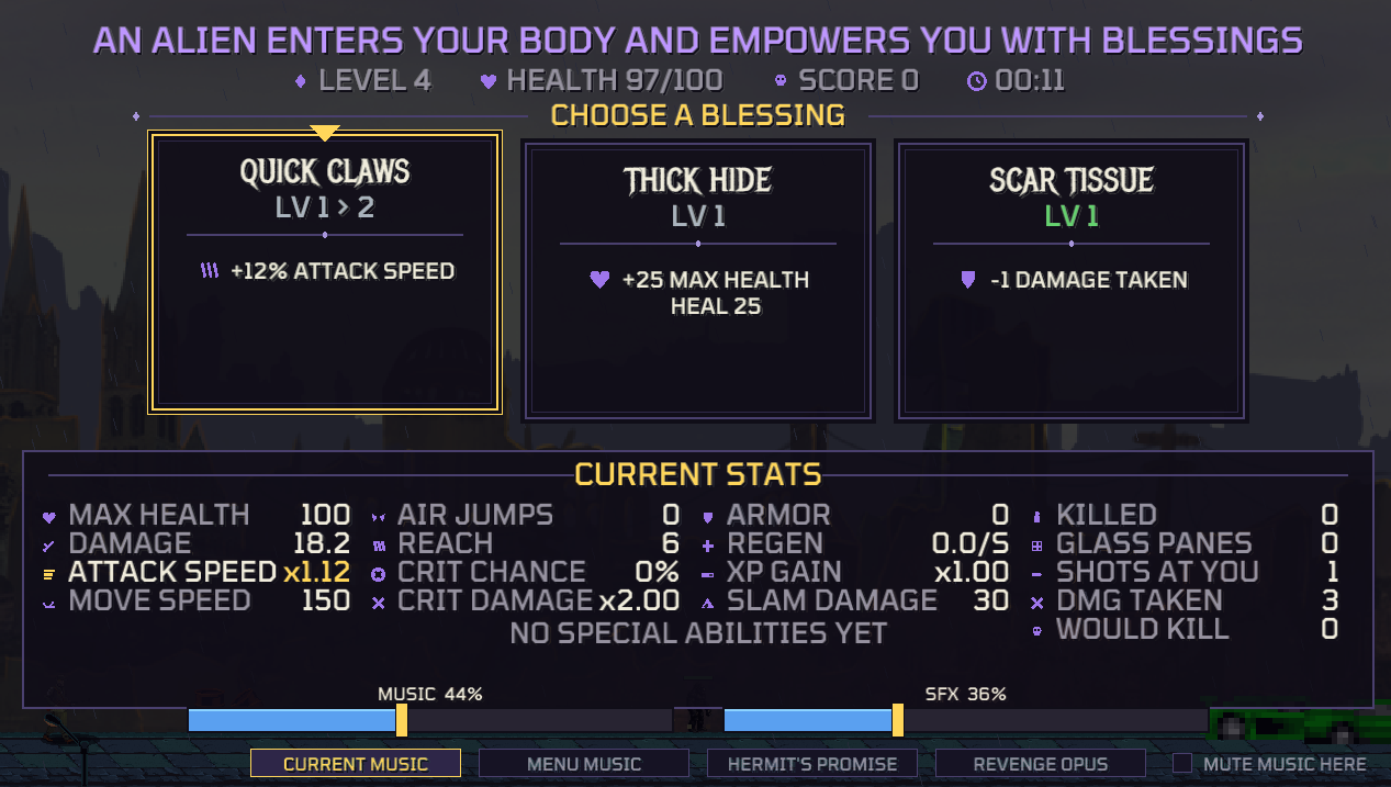 Gameplay screenshot showing the blessing selection screen